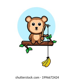 Cute monkey cacthing banana with hook  cartoon mascot