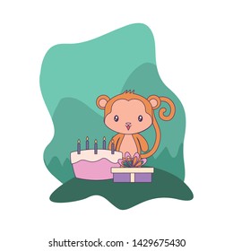 cute monkey with cake of birthday and gift box