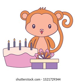 cute monkey with cake of birthday and gift box vector illustration design