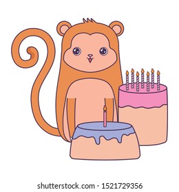 cute monkey with cakes of birthday vector illustration design