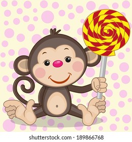 Cute Monkey with candy on a dot background 
