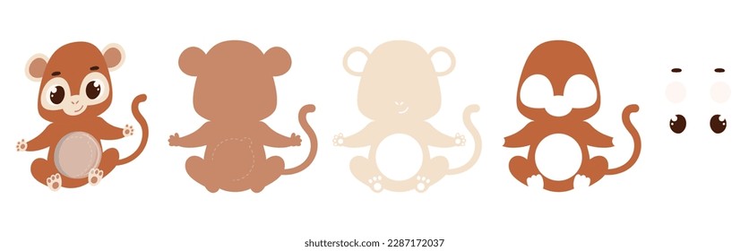 Cute monkey candy ornament. Layered paper decoration treat holder for dome. Hanger for sweets, candy for birthday, baby shower, halloween, christmas. Print, cut out, glue. Vector illustration.