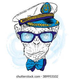 Cute monkey in the captain's cap. Vector illustration.