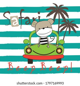cute monkey in car, safari tour with a cheeky monkey vector