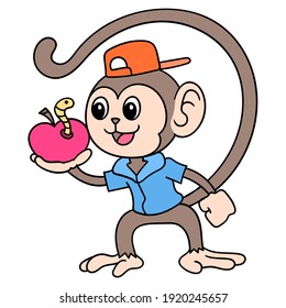 cute monkey carrying apple with caterpillar in it, doodle draw kawaii. vector illustration art