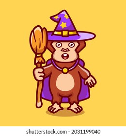 cute monkey carrying flying broom