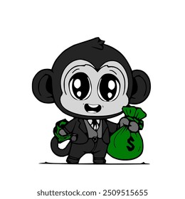 Cute monkey carrying a sack of money