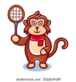 cute monkey cartoon animal holding a badminton racket