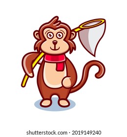 cute monkey cartoon animal holding a fishing nets