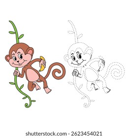 Cute monkey cartoon. Cute monkey with banana  coloring pages. Trace and color monkey. Jungle wild animal coloring pages printable. Animal outline. Monkey Cartoon Character Outline for Coloring.