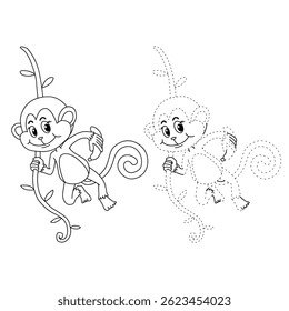 Cute monkey cartoon. Cute monkey with banana  coloring pages. Trace and color monkey. Jungle wild animal coloring pages printable. Animal outline. Monkey Cartoon Character Outline for Coloring.