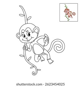Cute monkey cartoon. Cute monkey with banana  coloring pages. Trace and color monkey. Jungle wild animal coloring pages printable. Animal outline. Monkey Cartoon Character Outline for Coloring.