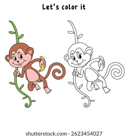Cute monkey cartoon. Cute monkey with banana  coloring pages. Trace and color monkey. Jungle wild animal coloring pages printable. Animal outline. Monkey Cartoon Character Outline for Coloring.