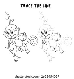 Cute monkey cartoon. Cute monkey with banana  coloring pages. Trace and color monkey. Jungle wild animal coloring pages printable. Animal outline. Monkey Cartoon Character Outline for Coloring.