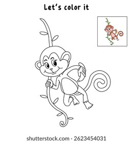 Cute monkey cartoon. Cute monkey with banana  coloring pages. Trace and color monkey. Jungle wild animal coloring pages printable. Animal outline. Monkey Cartoon Character Outline for Coloring.