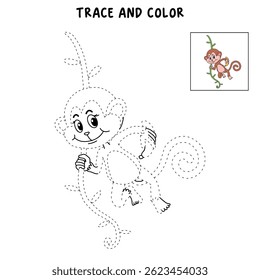 Cute monkey cartoon. Cute monkey with banana  coloring pages. Trace and color monkey. Jungle wild animal coloring pages printable. Animal outline. Monkey Cartoon Character Outline for Coloring.