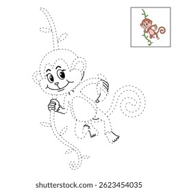 Cute monkey cartoon. Cute monkey with banana  coloring pages. Trace and color monkey. Jungle wild animal coloring pages printable. Animal outline. Monkey Cartoon Character Outline for Coloring.