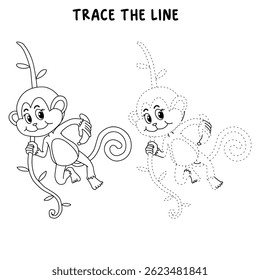 Cute monkey cartoon. Cute monkey with banana  coloring pages. Trace and color monkey. Jungle wild animal coloring pages printable. Animal outline. Monkey Cartoon Character Outline for Coloring.
