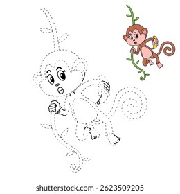 Cute monkey cartoon. Cute monkey with banana  coloring pages. Trace and color monkey. Jungle wild animal coloring pages printable. Animal outline. Monkey Cartoon Character Outline for Coloring.