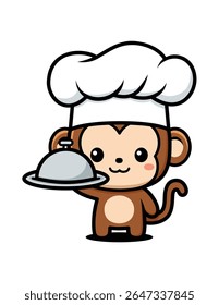 Cute Monkey Cartoon Character In Chef Costume Holding A Plate