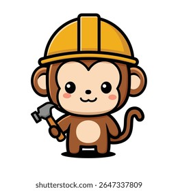 Cute Monkey Cartoon Character In Construction Worker Costume