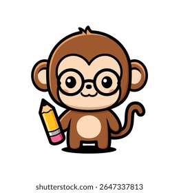 Cute Monkey Cartoon Character With Glasses Holding Pencil