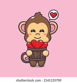 cute monkey cartoon character holding love in wood bucket