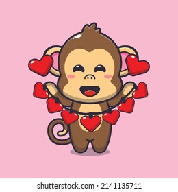 cute monkey cartoon character holding love decoration