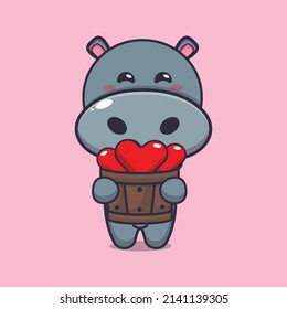 cute monkey cartoon character holding love in wood bucket