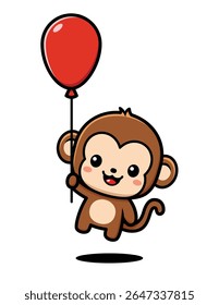 Cute Monkey Cartoon Character Holding Balloon