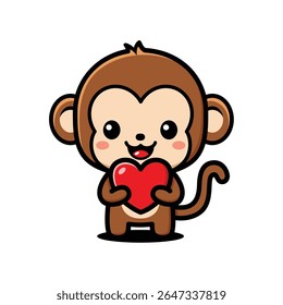 Cute Monkey Cartoon Character Holding A Love Heart