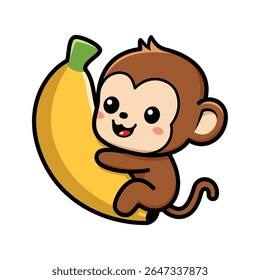Cute Monkey Cartoon Character Hugging Big Banana