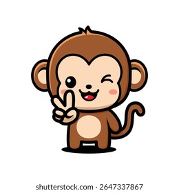 Cute Monkey Cartoon Character Making Peace Sign