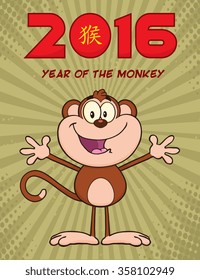 Cute Monkey Cartoon Character With Open Arms. Vector Illustration New Year Vintage Greeting Card