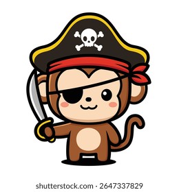 Cute Monkey Cartoon Character In Pirate Costume