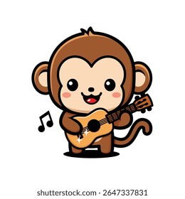 Cute Monkey Cartoon Character Playing Guitar