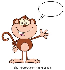 Cute Monkey Cartoon Character Waving For Greeting And Speech Bubble. Vector Illustration Isolated On Transparent Background