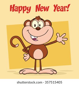 Cute Monkey Cartoon Character Waving For Greeting. Vector Illustration New Year Greeting Card