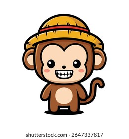 Cute Monkey Cartoon Character Wearing Straw Hat