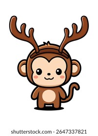 Cute Monkey Cartoon Character Wearing Reindeer Antlers Bandana