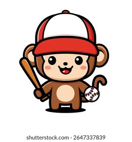 Cute Monkey Cartoon Character Wearing Cap Holding Baseball And Bat