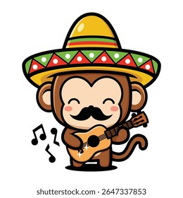 Cute Monkey Cartoon Character Wearing Sombrero Hat And Playing Guitar