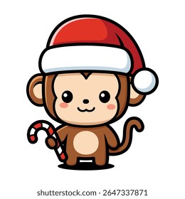 Cute Monkey Cartoon Character Wearing Christmas Hat And Holding Candy Cane