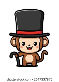 Cute Monkey Cartoon Character Wearing Hat And Holding Cane