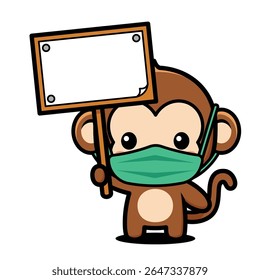 Cute Monkey Cartoon Character Wearing Mask And Holding Board