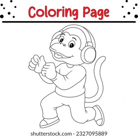Cute monkey cartoon in clothes and headphones. Black and white vector illustration for coloring book
