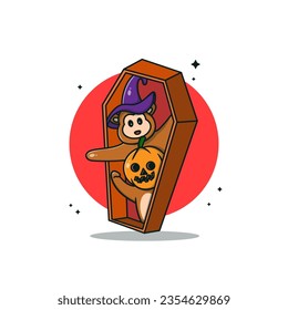 Cute Monkey Cartoon in the coffin Vector Icon Illustration. Premium Vector.
