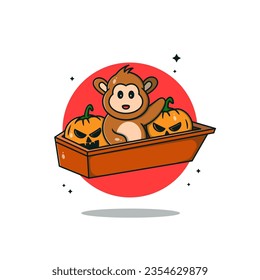Cute Monkey Cartoon in the coffin Vector Icon Illustration. Premium Vector.