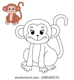 Cute Monkey Cartoon. Monkey Coloring Page. Animal outline for monkey. Monkey Cartoon Character Outline for Coloring. Jungle wild animals baby little monkeys. 