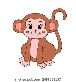 Cute Monkey Cartoon. Monkey Coloring Page. Animal outline for monkey. Monkey Cartoon Character Outline for Coloring. Jungle wild animals baby little monkeys. 